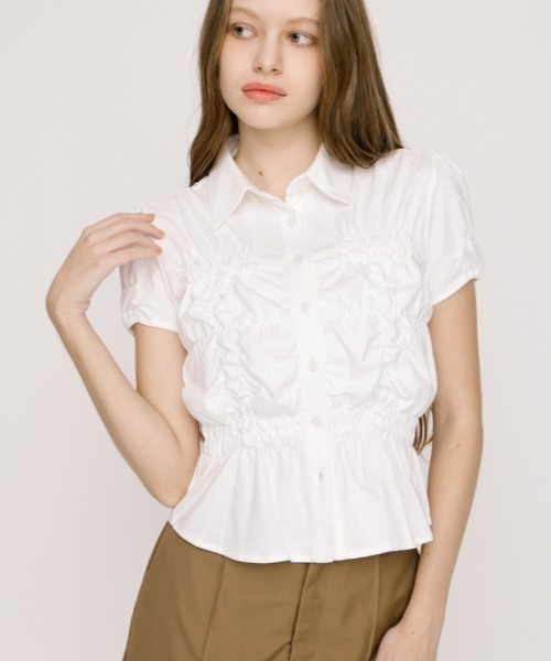 SLY（スライ） ブラウス シャツ 半袖 RANDOM SHIRRING CUT TOPS 