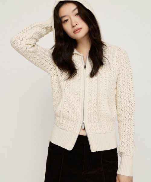 ニット セーター OPEN WORK ZIP HOODIE オープンワークジップフーディー 秋服 冬服 レディース