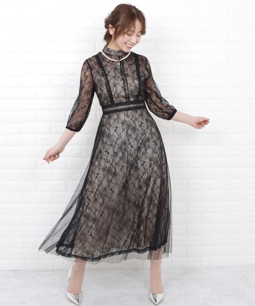 「Lace Ladies」 7分袖ワンピース S ネイビー レディース_画像4