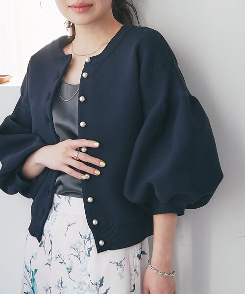Laboutique BonBon お袖ぽわんパールニットカーディガン　ネイビー La boutique Bonbon（ラブティックボンボン） カーディガン 「復刻
