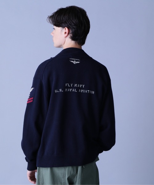 AVIREX XL ネイビー ニット ジャケット メンズ AVIREX（アヴィレックス） カーディガン NAVAL STAND COLLAR ZIP KNIT
