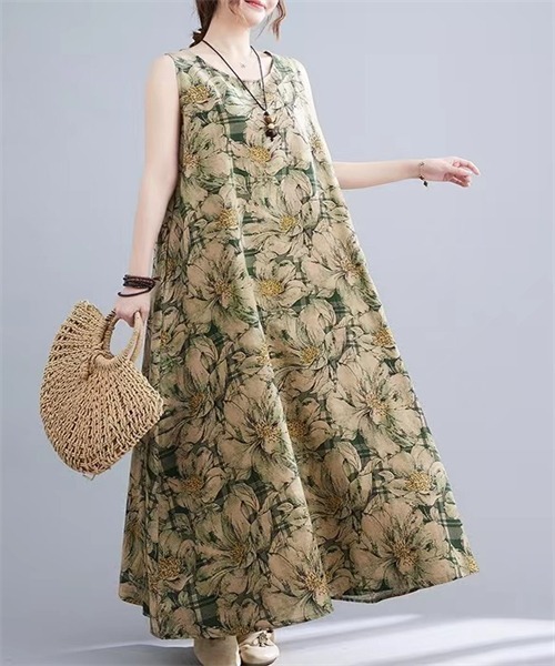BCBGMAXAZRIA　ノースリーブワンピース　ロング　総柄 Dream garden ワンピース 総柄プリント ノースリーブマキシ