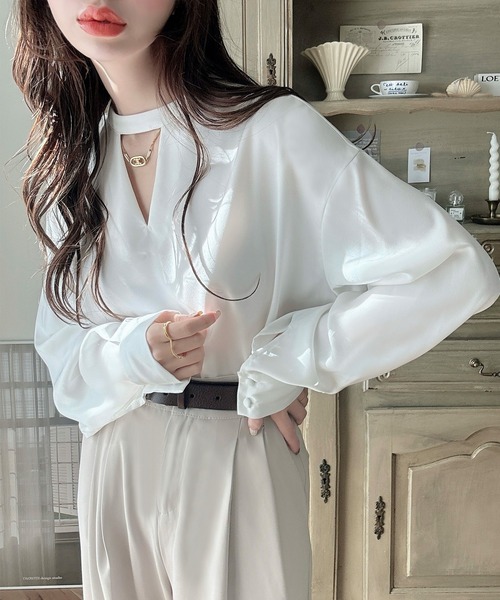 ♡Treaturself バラチョーカーブラウス　水色　♡ Rose choker satin puff blouse | Treat ürself