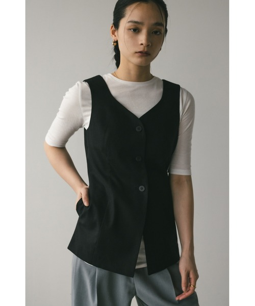 monchan様^ ^リネン レース ジレ ベスト ブラック 美品 STYLEMIXER ベスト ジレ リネンミックスカーブネックベスト
