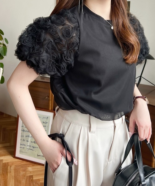 sheglit  半袖パフスリーブブラウス  レース パフスリーブ】ブラウス 半袖 白 レース レディース 蝶々 前