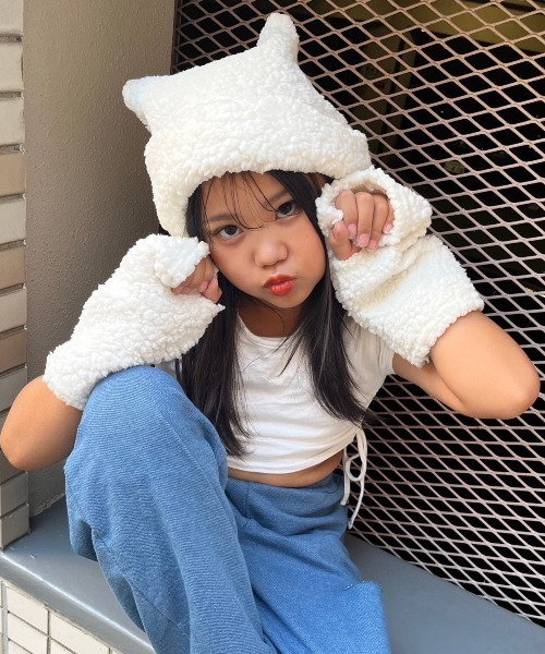 RandS ニット帽 ニットキャップ モコモコにゃんこセット キッズ