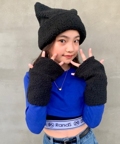 RandS ニット帽 ニットキャップ モコモコにゃんこセット キッズ