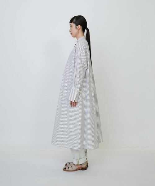 LOISIR 青と白のストライプ ロングシャツワンピース LOISIR ワンピース コットントリプルストライプシャツワンピース