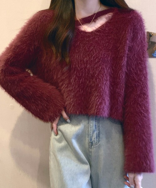 【NO ID.】アシンメトリーシャギーニット☆セーター☆オーバーサイズ　F アシンメトリークロップシャギーニット | ファッション通販サイト NUGU