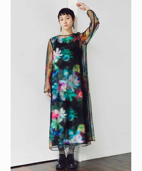 【MEDE19F】新品未使用　花柄シアーワンピース(3L)ミュールズモダン　黒 MEDE19F（メデジュウキュウ） ワンピース 花柄のプリントを重ねた
