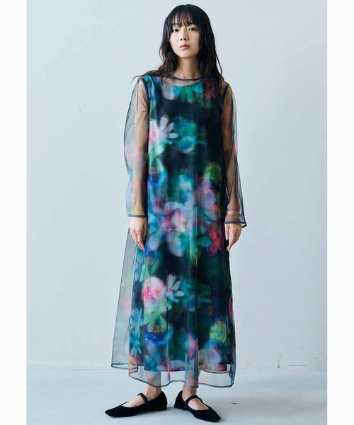 【MEDE19F】新品未使用　花柄シアーワンピース(3L)ミュールズモダン　黒 MEDE19F（メデジュウキュウ） ワンピース 花柄のプリントを重ねた