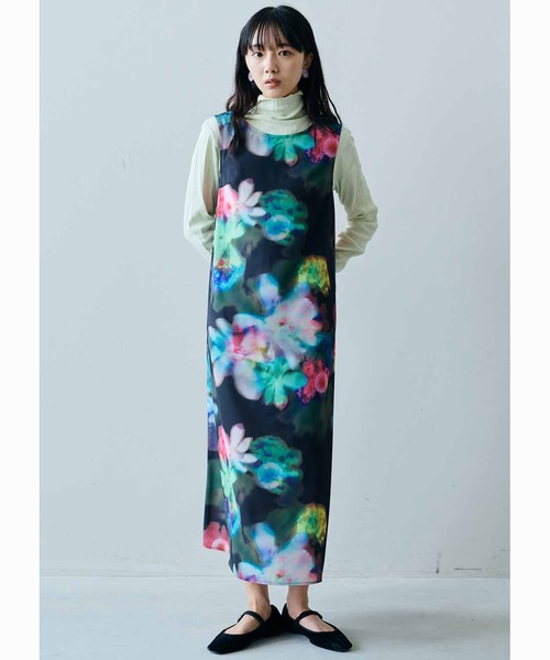 【MEDE19F】新品未使用　花柄シアーワンピース(3L)ミュールズモダン　黒 MEDE19F 花刺繍をほどこしたボウタイシアードレス〈ブラック