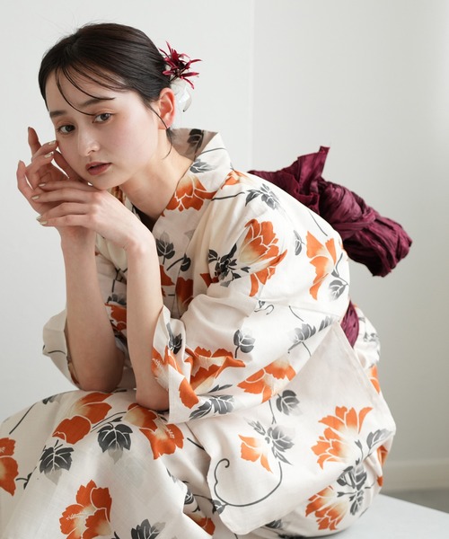 utatane 浴衣 浴衣3点セット きなりに橙色の花 レディース