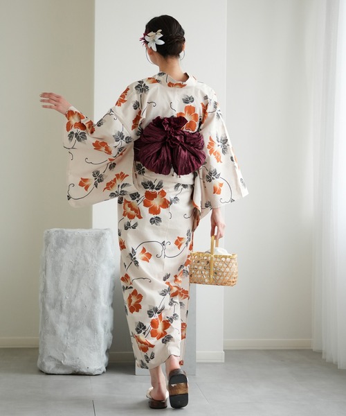 utatane 浴衣 浴衣3点セット きなりに橙色の花 レディース