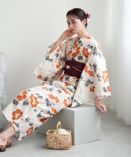 utatane 浴衣 浴衣3点セット きなりに橙色の花 レディース