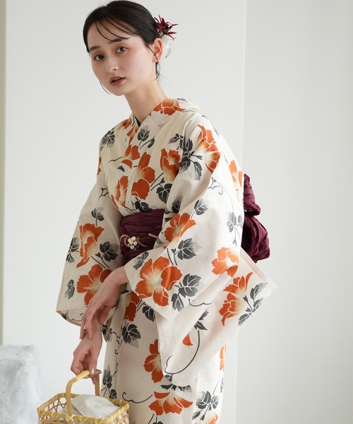 utatane 浴衣 浴衣3点セット きなりに橙色の花 レディース
