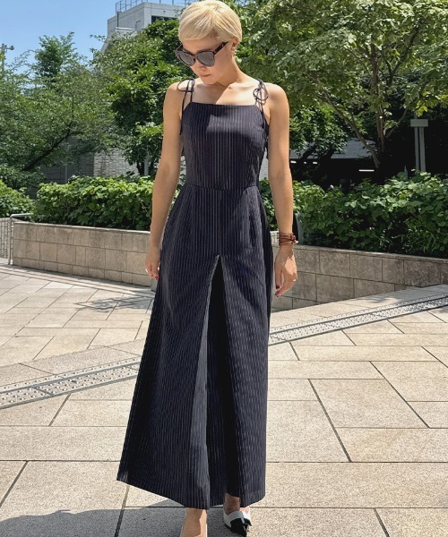 パンツ 肩紐リボンピンストライプサロペット レディース