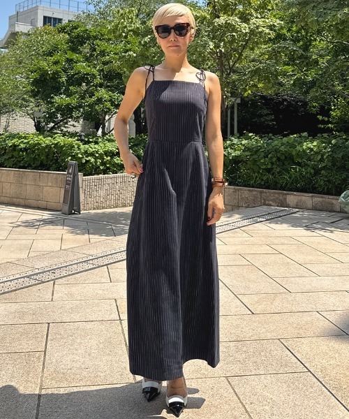 パンツ 肩紐リボンピンストライプサロペット レディース パンツ 肩紐リボンピンストライプサロペット レディース