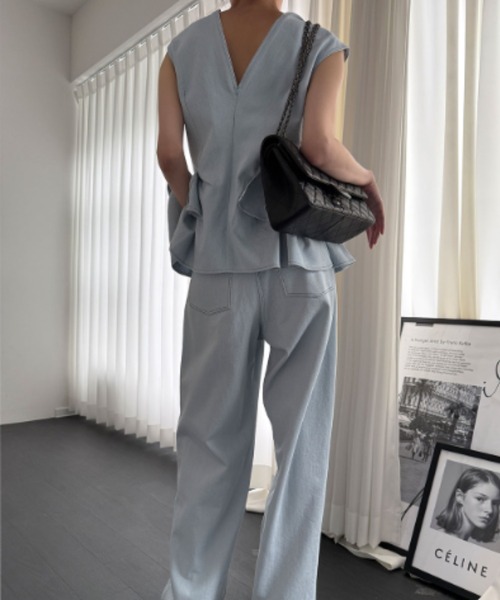 セットアップ フリル ノースリーブ ワイドパンツ FAVORITO セットアップ フリルノースリーブトップス+ワイドパンツ