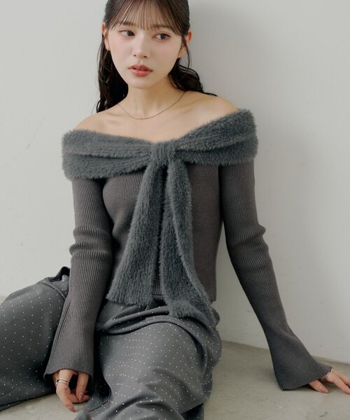 Chico（チコ） ニット セーター シャギーリボンオフショルニット