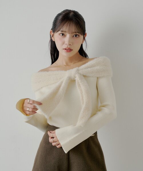 JNYLON STUDIOS シャギー リボン オフショルダー ニット ジップ Chico（チコ） ニット セーター シャギーリボンオフショルニット