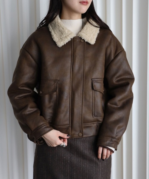 トスカーナムートン ブラウン カーキブラウン XL ボア ムートンジャケット tiptop+pocket ティップトッププラスポケット / ムートンブルゾン