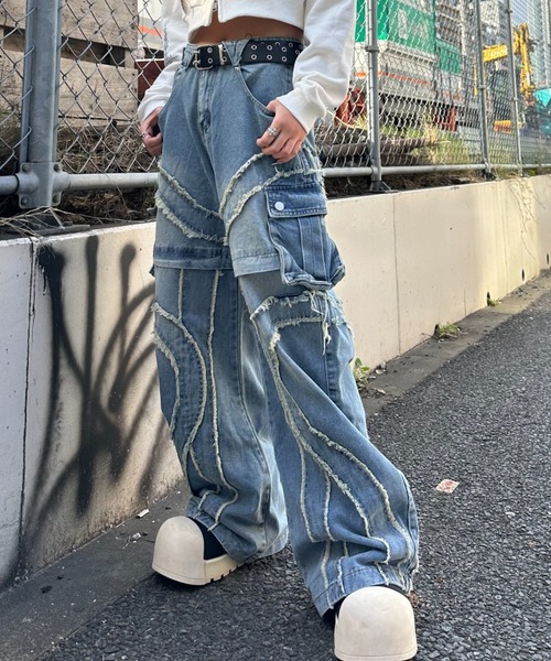 センソユニコ バーガンディ カーゴパンツ フリンジ付き KsG カーゴパンツ フリンジポケットカーゴパンツ レディース メンズ