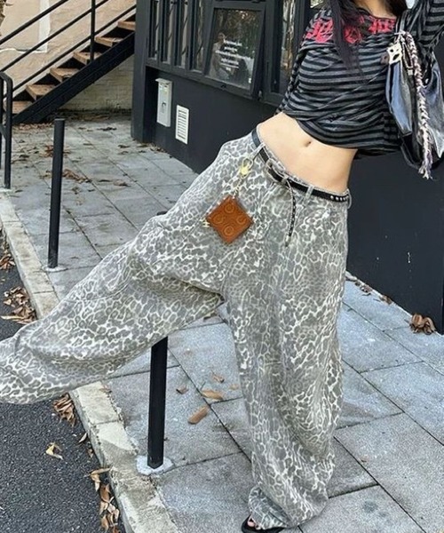 CANVAS+ ワイドパンツ パンツ 「CANVAS＋」レオパード柄バレルレッグ