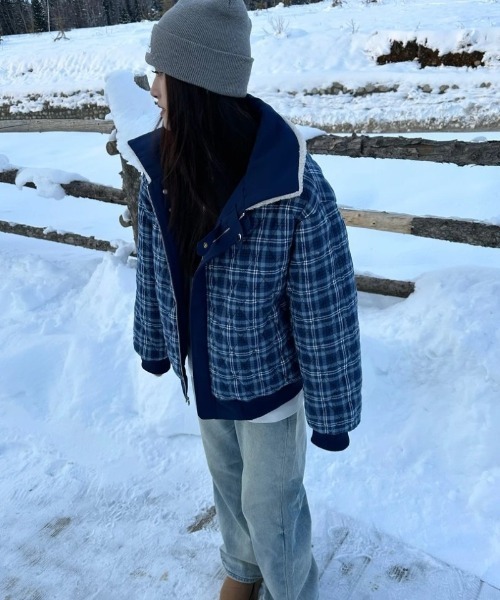 ダウンコート ダウンジャケット 2WAY チェック柄＆無地 スタンド