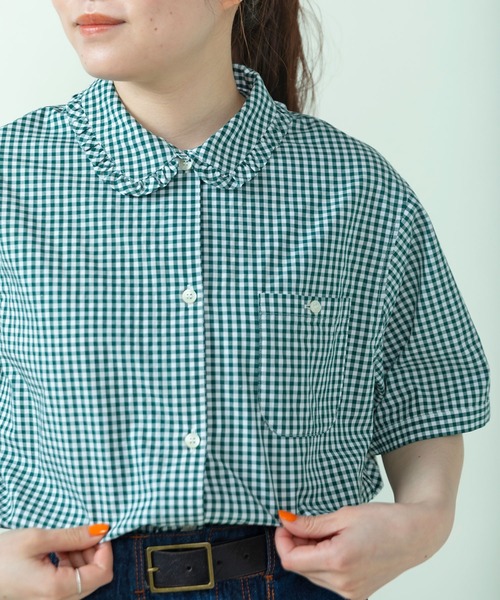 ポレブラ ギンガムチェック フリル 半袖ブラウス 刺繍 PAR ICI（パーリッシィ） ブラウス シャツ 半袖 「WEB限定カラー