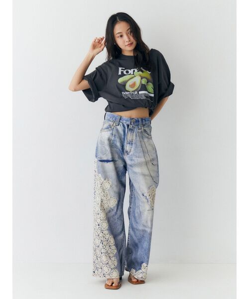 ワイドパンツ ジーンズ デニム デニムパンツ プリントデザインルーズデニム レディースの画像