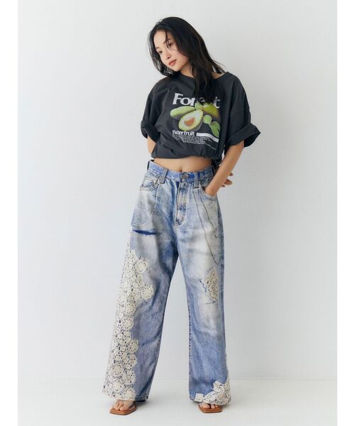 ワイドパンツ ジーンズ デニム デニムパンツ プリントデザインルーズデニム レディースの画像