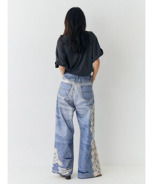 ワイドパンツ ジーンズ デニム デニムパンツ プリントデザインルーズデニム レディースの画像