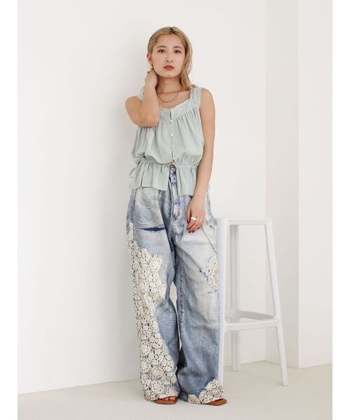 ワイドパンツ ジーンズ デニム デニムパンツ プリントデザインルーズデニム レディースの画像