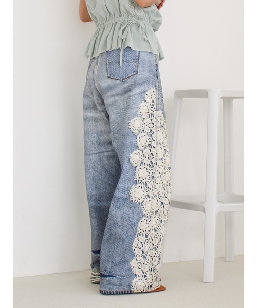 ワイドパンツ ジーンズ デニム デニムパンツ プリントデザインルーズデニム レディースの画像
