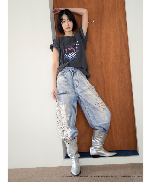 ワイドパンツ ジーンズ デニム デニムパンツ プリントデザインルーズデニム レディースの画像