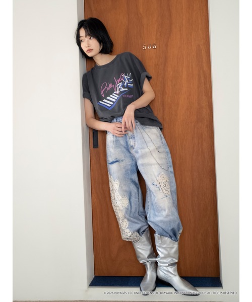 ワイドパンツ ジーンズ デニム デニムパンツ プリントデザインルーズデニム レディースの画像