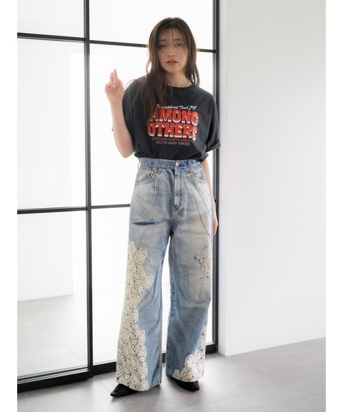 ワイドパンツ ジーンズ デニム デニムパンツ プリントデザインルーズデニム レディースの画像