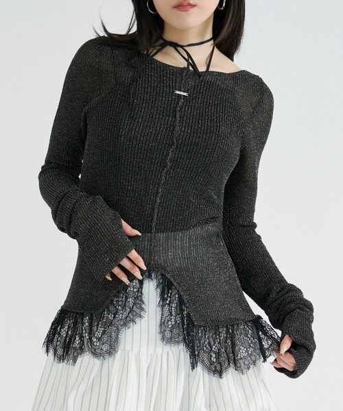 Ezick サマーニット ニット セーター lace-trimmed lame sheer knit