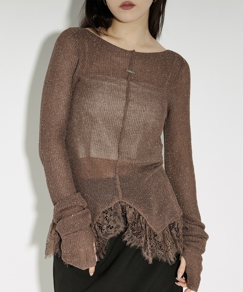 Ezick サマーニット ニット セーター lace-trimmed lame sheer knit