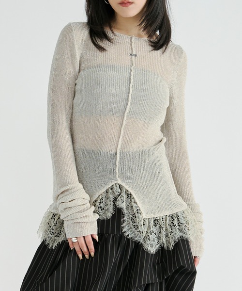 Ezick サマーニット ニット セーター lace-trimmed lame sheer knit