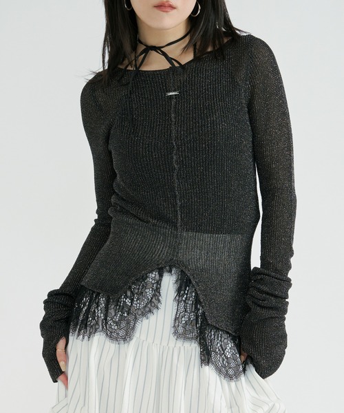Ezick サマーニット ニット セーター lace-trimmed lame sheer knit
