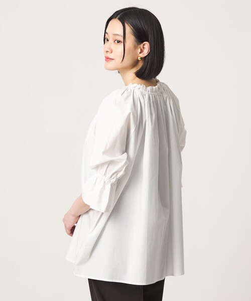 cY59 LIFE WITH FLOWERS ネック ギャザー ブラウス シアー シャツ ブラウス ブラウス 薄手 青 ブルー green label relaxing（グリーンレーベルリラクシング） ブラウス