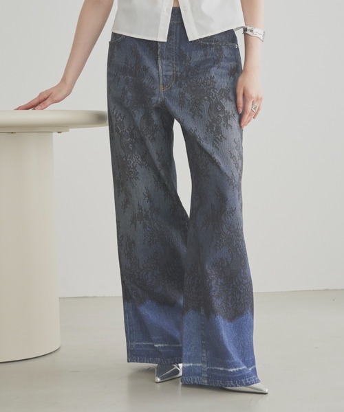 レースプリント ワイドデニムパンツ I-BLU レースプリント ワイド