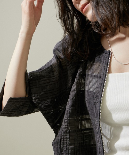 SALON adam et ropéハーフスリーブシアーメッシュチェックブルゾン SALON adam et rope'｜ハーフスリーブシアーメッシュチェック