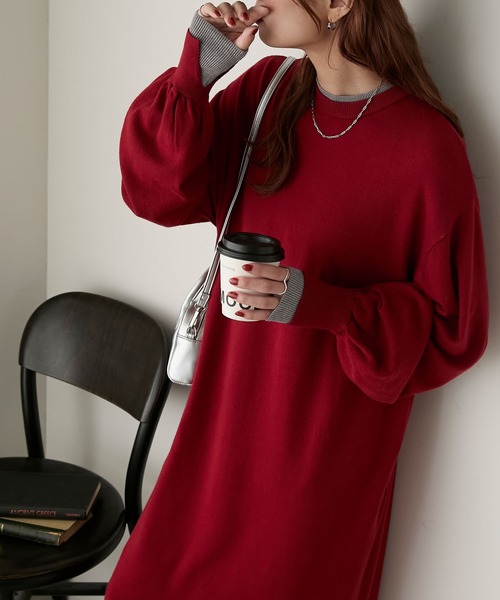 ワンピース 「至福のカヌレニット」レイヤード風ボリュームスリーブ  