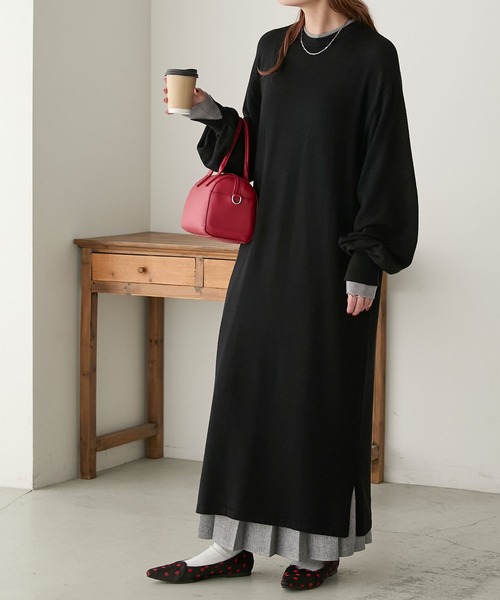 ワンピース 「至福のカヌレニット」レイヤード風ボリュームスリーブ  