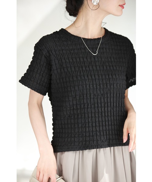tシャツ （黒）ぽこぽこテクスチャーの柔らかプルオーバートップス レディース