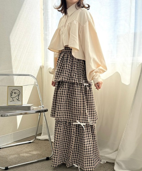 スカート サイドリボンギンガムチェックティアードスカート : ZOZOTOWN