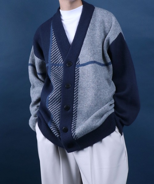 ANPAS（アンパス） カーディガン Cross Plaid Oversized Knit Cardigan 